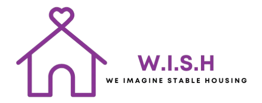 W.I.S.H logo - We Imagine Stable Housing nonprofit; purple house with heart icon symbolizing stable, supportive housing.