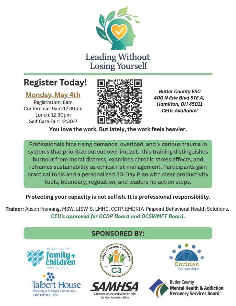 Leading Without Losing Yourself leadership self-care workshop, May 4, Hamilton OH; CEUs; register via QR code.